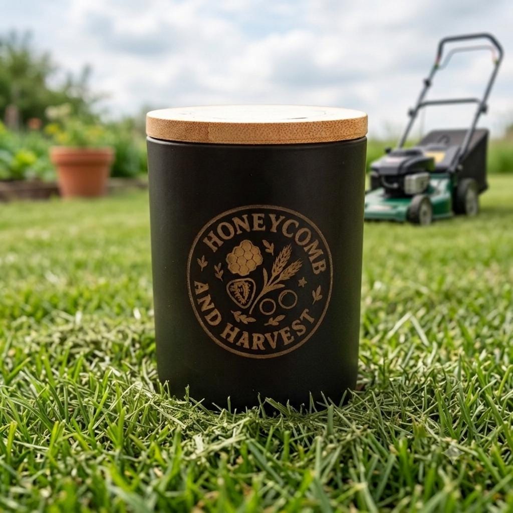 Less is Mow fresh cut grass beeswax candle by Honeycomb & Harvest